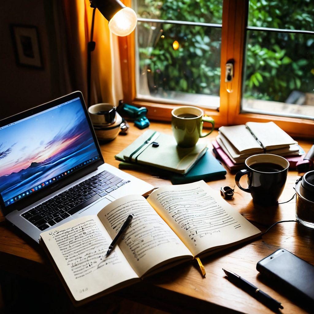 A digital diary page filled with colorful handwritten notes and doodles, surrounded by various blogging tools like a laptop, microphone, and coffee cup. An open window allows sunlight to stream in, creating a cozy atmosphere, while a gentle breeze moves the pages. Incorporate visuals of sound waves in the background, symbolizing the voice of the author coming alive. super-realistic. vibrant colors. soft warm lighting.