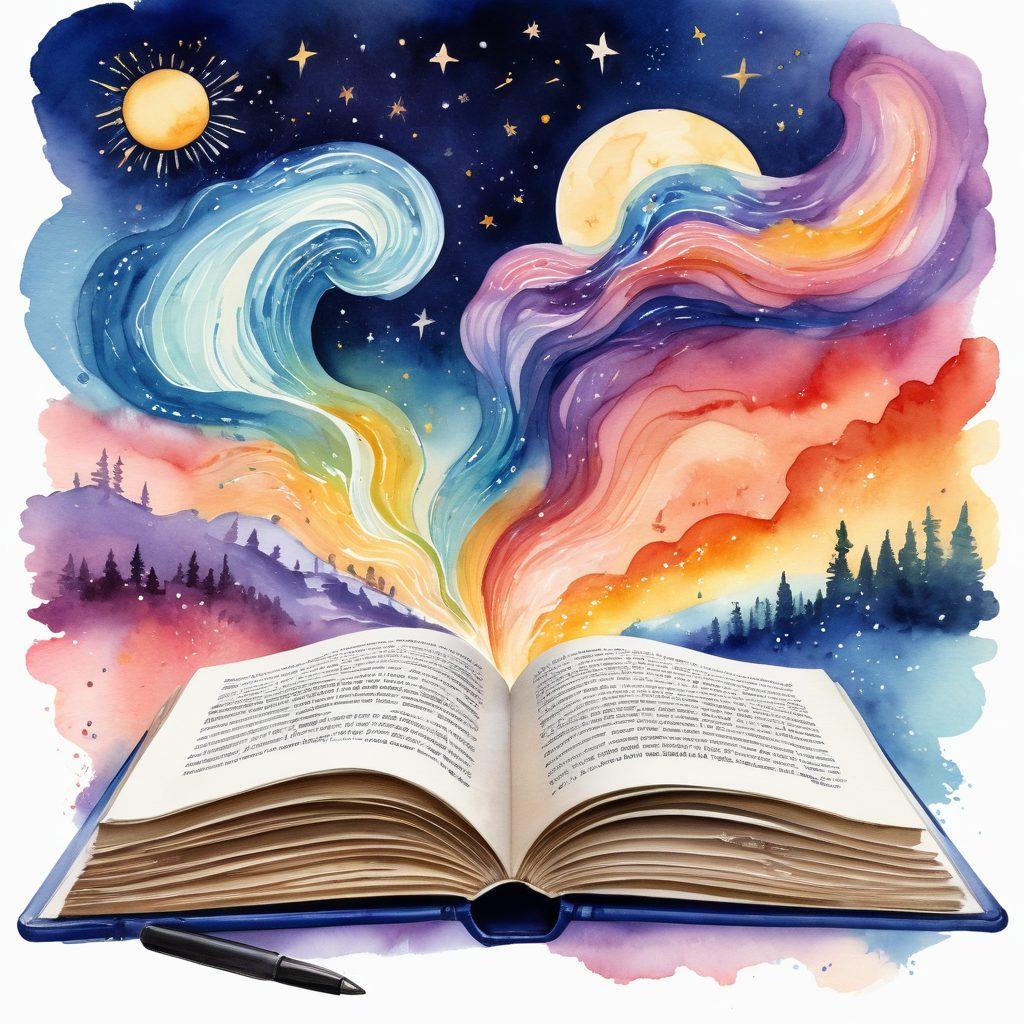 A captivating illustration of an open book with vibrant, swirling stories emerging from its pages, intertwining with various blogging tools like laptops, pens, and cameras, symbolizing creativity and engagement. The background features a bright, abstract landscape representing the blogging world, infused with elements of inspiration such as light bulbs and stars. watercolor art. vibrant colors. white background.