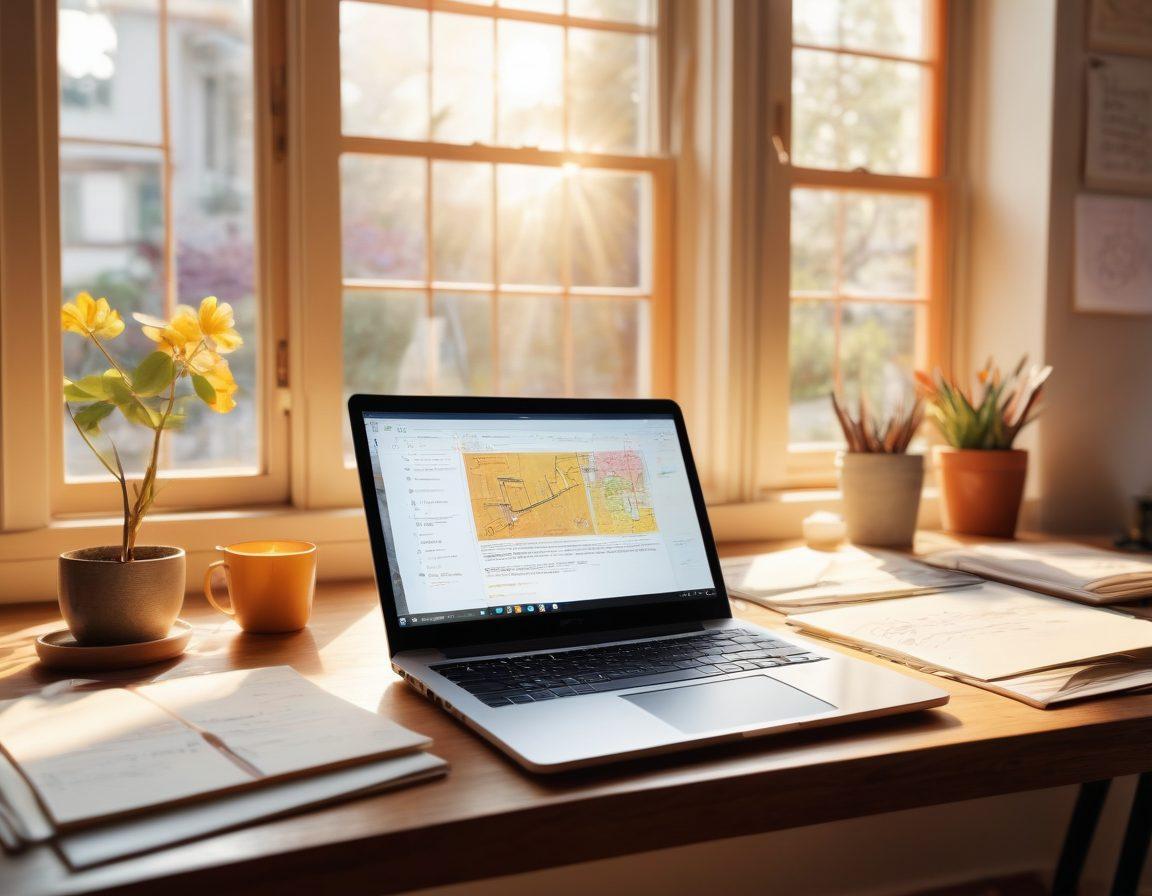 A serene workspace featuring a laptop open to a vibrant online diary, with handwritten notes and sketches scattered around. In the background, diverse individuals collaborate, representing community impact, while warm sunlight streams through a window, illuminating the space. Overlay with digital elements symbolizing online connectivity and storytelling. super-realistic. vibrant colors. soft lighting.